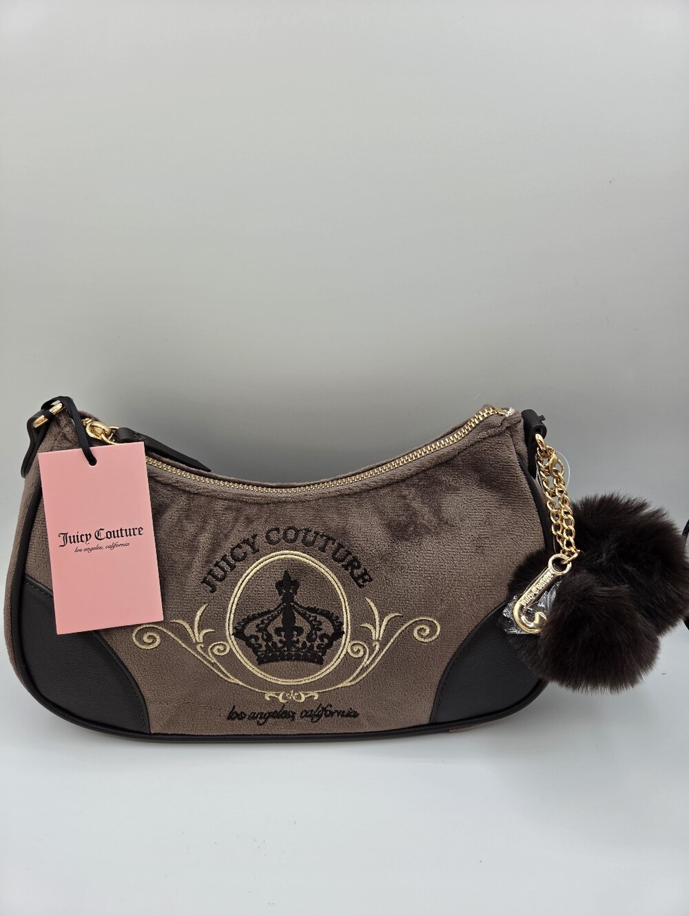 Juicy Couture Brown Suede Shoulder Bag with Gold Hardware and Pom Charm